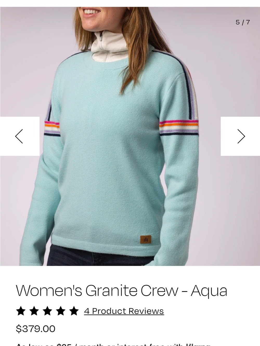 Women's Aqua Crewneck Sweater with Rainbow Stripe Detail